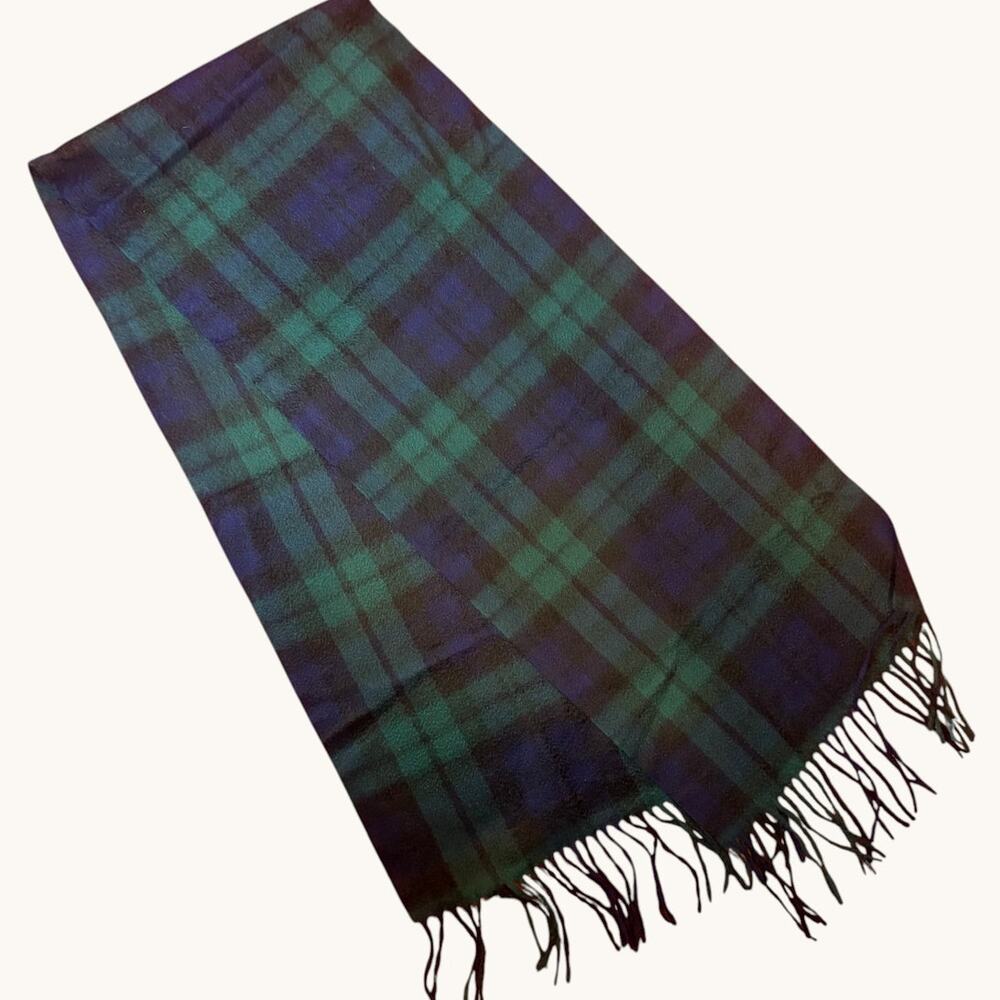 NORDSTROM Unisex 100% Cashmere Scarf ONE SIZE Black Watch Plaid Fringe